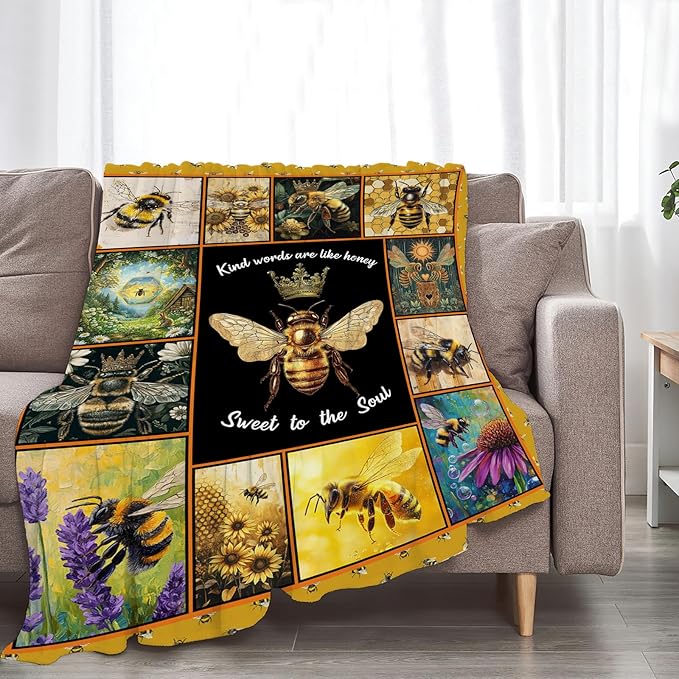 Bee Blanket Ultra Soft Cozy Bee Queen Throw Blanket Fleece Fuzzy Plush Bee Honey Blanket Decor Gifts for Women Girls Adults Couch Sofa 50"x40"