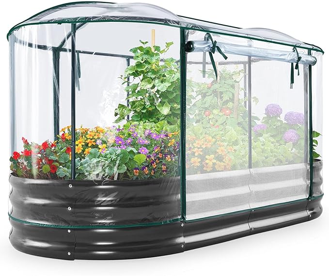KING BIRD Raised Garden Bed with Cover Galvanized Oval Planter Garden Box Outdoor for Gardening, Vegetables, Flowers 71x36x12 in, Clear