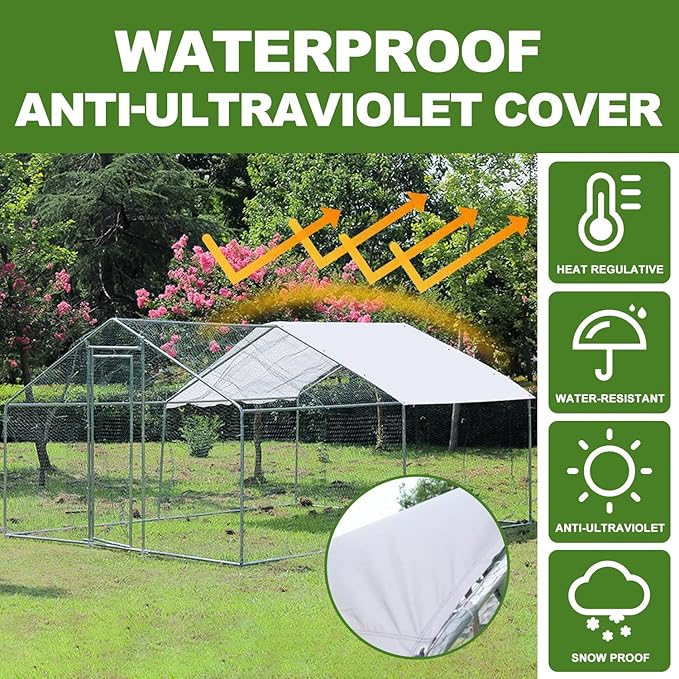 Chicken Coop Large Metal Chicken House/Pen for 6/10 Chickens with Waterproof Cover Walk-in Poultry Cage for Chicken Run,Chicken House for Outdoor Farm Use(9.8'Lx6.5'Wx6.5'H)