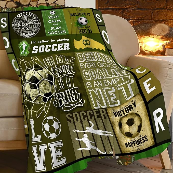 Soccer Blanket Sport Theme Throw Blanket Ultra Soft Cozy Fleece Soccer Gift for Soccer Lover Fuzzy Plush Bedding Blankets for Soccer Team Player Kids Teens Adults Girls Boys Women Men 80"x60"