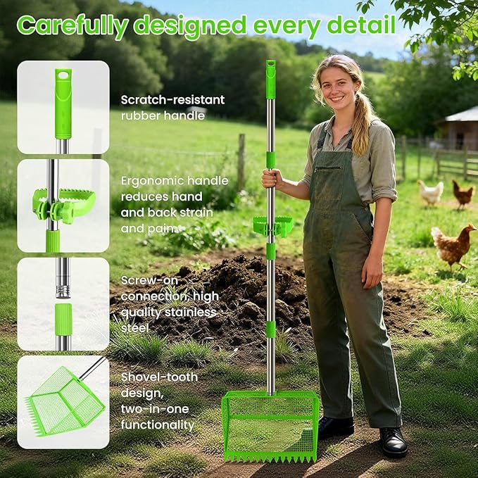 2025 Latest 12inch 2-in-1 Chicken Poop Scooper & Rake with Handle, Heavy-Duty Metal Chicken Coop Scoop for Sand Sifting Shovel Litter Scooper for Farm House Chicken Coop Cleaning Tools Accessories