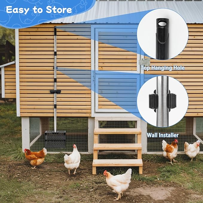 FHTONGE Heavy Large 2-in-1 Chicken Poop Scoop and Rake with Grip, Adjustable 5 Lenghts 22-74" Metal Chicken Coop Scooper for Sand Hay Bedding Litter, Sifting Shovel for Farm Livestock Poultry Garden
