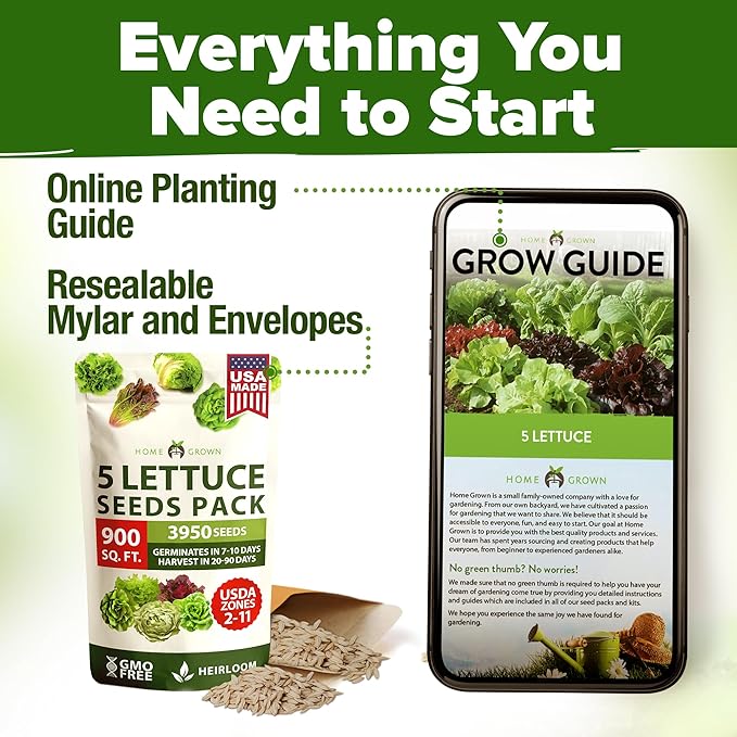 HOME GROWN 5 Lettuce Seed Pack – 3950 Heirloom Vegetable Seeds for Indoor, Outdoor, or Hydroponic Growing – Black Seeded Simpson, Red Romaine, Bibb, Buttercrunch, Iceberg Varieties (Lactuca Sativa)