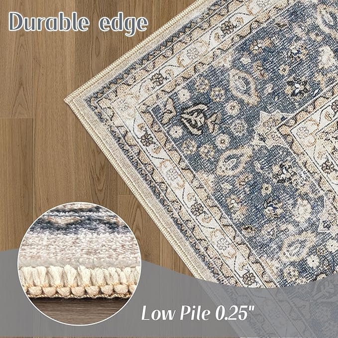 3x5 Washable Entryway Rug: Non-Slip Soft Indoor Throw Area Rug for Living Room Bedroom Kitchen, Boho Floral Distressed Durable Carpet for Hallway Bathroom Laundry Home Decor (Blue/Beige)