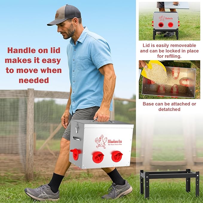 Automatic Chicken Feeder, 40 Lb Capacity 6 Port Large Metal Chicken Feeders, No Waste Poultry Feeder with Locking Lid & Legs, Large Chicken Feeder for Inside Chicken Coops