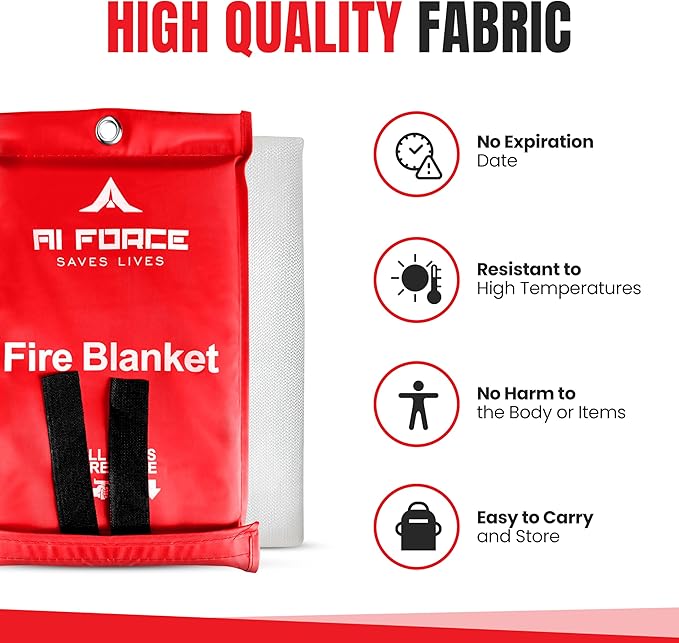 AI FORCE Fire Blanket with Gloves & Hooks (4-Pack, Fiberglass, Red) – Fireproof Emergency Safety Blanket for Home, Kitchen, Fireplace, Camping, BBQ, Grease & Outdoor Fires – Survival Gear