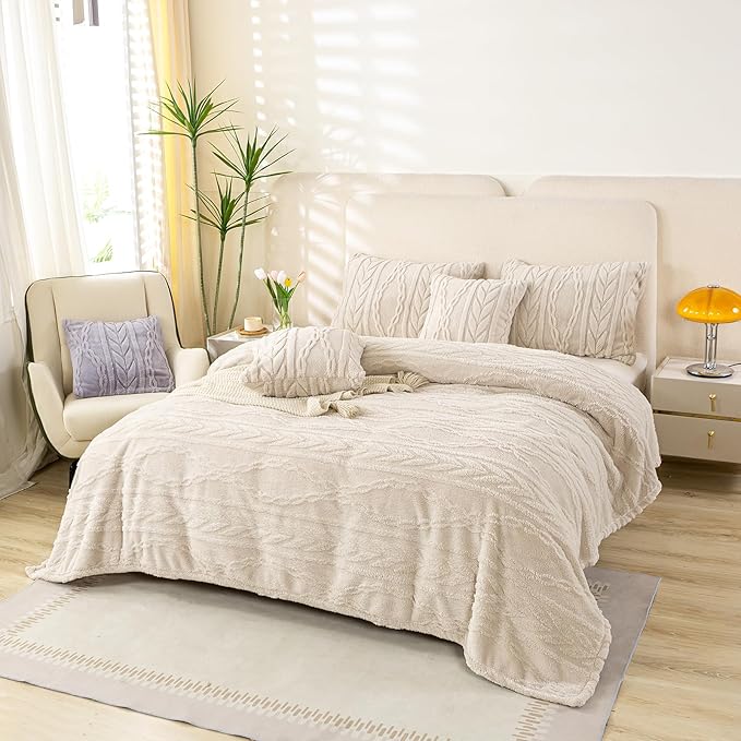 YUSOKI Sherpa Queen Size Blanket(Without Pillows)-3D Stylish Design Super Soft Blankets for Teen Girls Women Couch Bed Sofa Chair Men Boys Gift(Linen,90"x90")