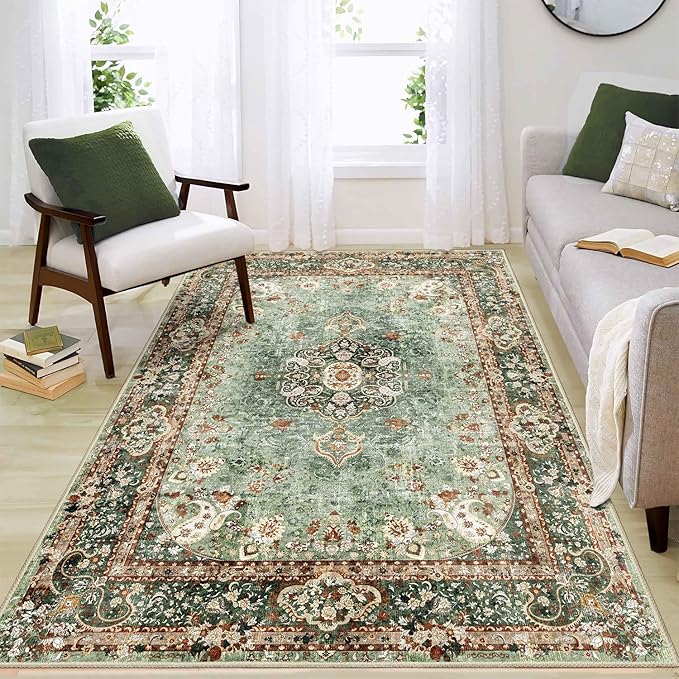 Green Rug 4'x6.5',Washable Area Rugs for Bedroom Living Room Kitchen Entryway,Small Boho Vintage Bohemian Distressed Oriental Non Slip Carpet