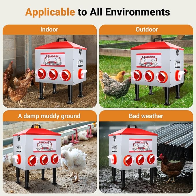 GADFISH 55LBS Large Capacity Automatic Chicken Feeder - 8 Feeding Ports, Anti-Waste Design, Height-Adjustable Legs & Secure Locking Lid for Chickens, Ducks & Poultry