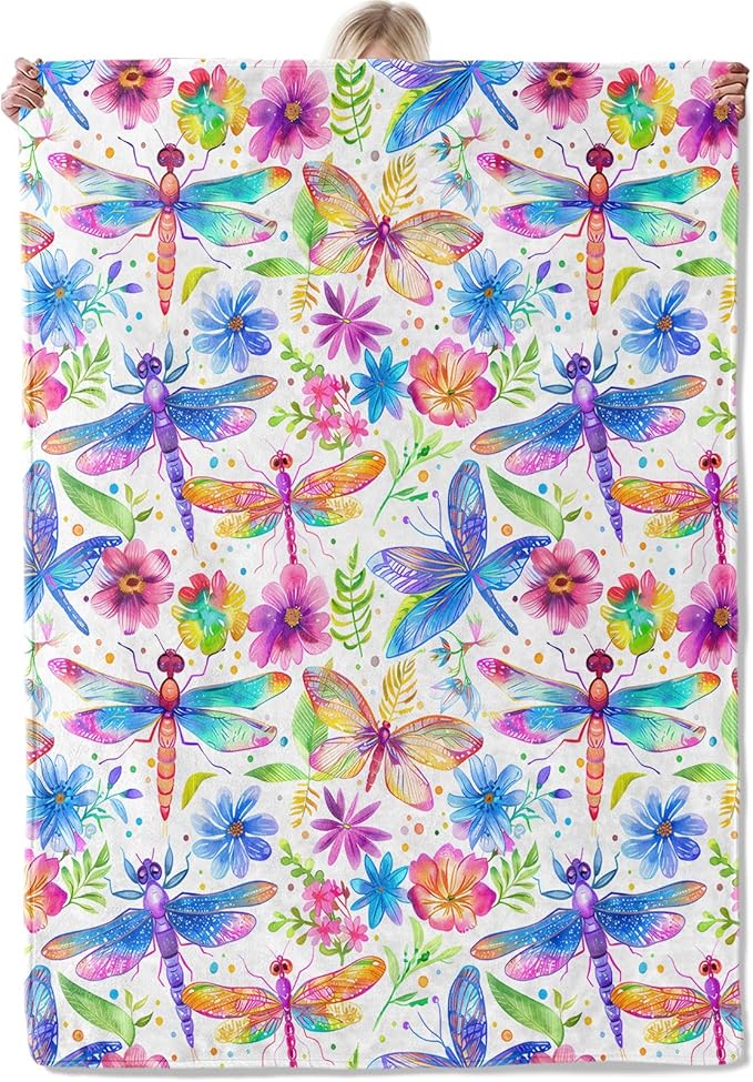 Colorful Dragonfly and Butterfly Throw Blanket Gifts for Women, Soft Fuzzy Warm Cozy Flannel Blankets for Bedroom, Travel, Couch, Home Decor 50x60 in