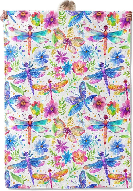 Colorful Dragonfly and Butterfly Throw Blanket Gifts for Women, Soft Fuzzy Warm Cozy Flannel Blankets for Bedroom, Travel, Couch, Home Decor 50x60 in