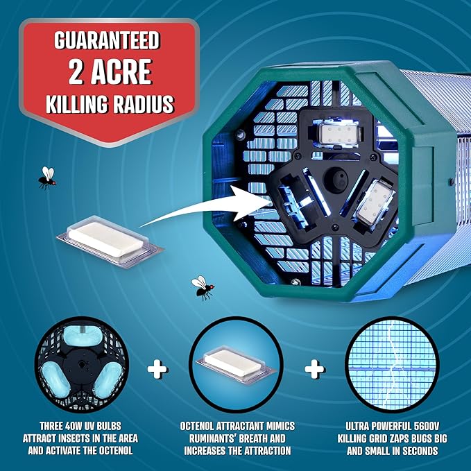 Flowtron Electric Bug Zapper 2 Acres Outdoor Insect Control with Dual Lure Method, 120W UV Light & Octenol Attractant for Fly & Mosquito, 5600V Kill Grid, Made in USA