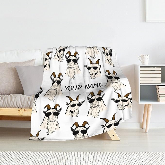 Custom Goat Blanket for Girls - 40x50 Inches Flannel Blankets with Name - Soft Fuzzy Plush Throws Gift - White Funny Throw for Couch, Sofa