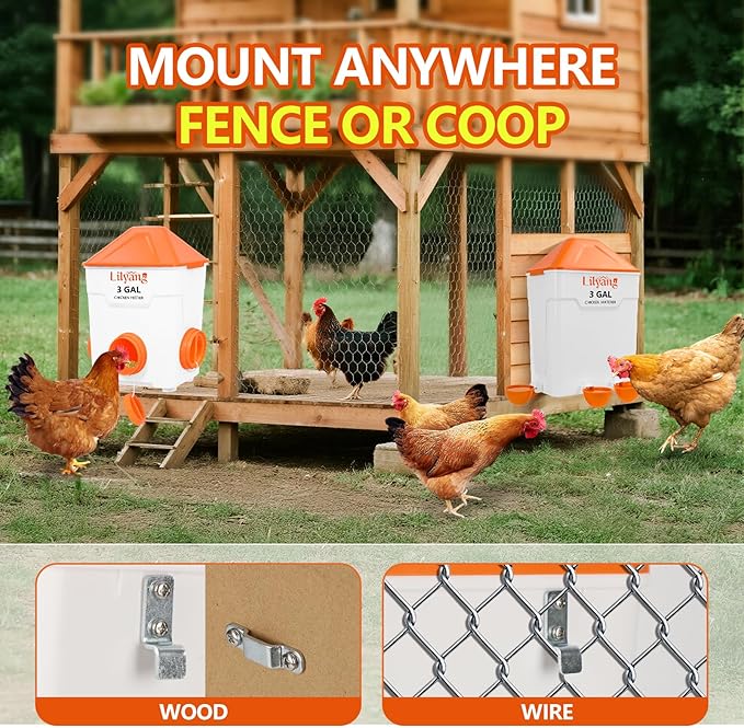Lilyang XL Chicken Feeder and Waterer Set 3 Gallon, Automatic No-Waste Feeder, Large Poultry Waterer with 2.75'' Cups, Standing or Hanging Use, Feed Chickens & Ducks