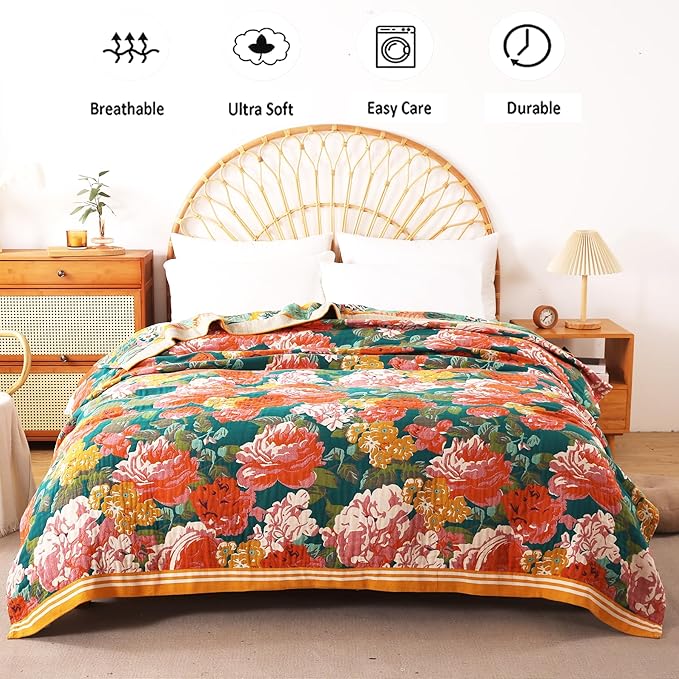 Boho Throw Blanket, 100% Organic Cotton Breathable Ultra Soft 60" x 80" Bed Quilt Throw - All Season Floral Rustic Farmhouse Decor Luxury Reversible Blanket for Sofa Couch Chair and Gift