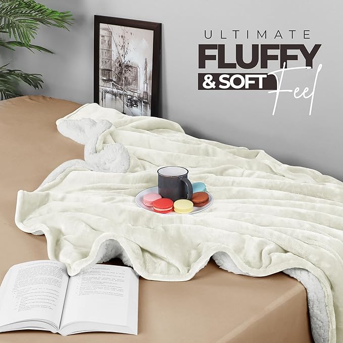 Utopia Bedding Sherpa Blanket Queen Size (Ivory, 90x90 Inches) - Soft Lightweight Plush Fleece Reversible Blanket for Bed, Sofa, Couch, Camping and Travel