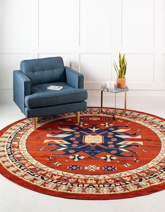 Unique Loom Taftan Collection Border Geometric Tribal Inspired Design Area Rug (8' 0 x 8' 0 Round, Terracotta/ Ivory)