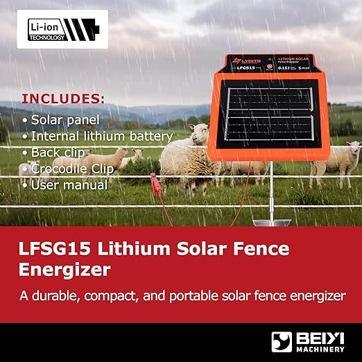 LFGS15 Solar Electric Fence Charger, 24 Hour 5 Miles Solar Charger, Portable 0.15J Energizer with Rechargeable Solar Panel for Livestock, Electric Fence Energizer