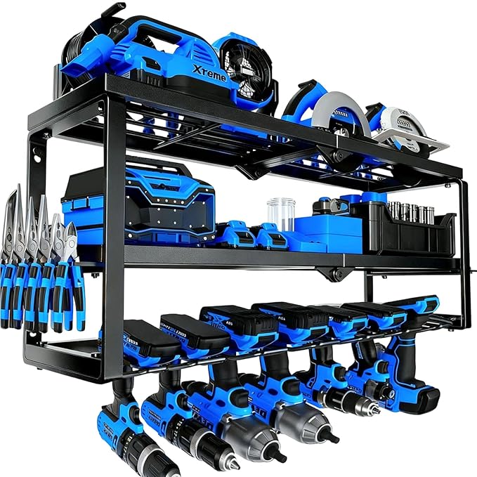 Heavy Duty Power Tool Organizer Wall Mount - 3 Tier Metal Tool Rack with 7 Drill Holders, 300LB Capacity for Garage, Workshop, Pegboard Storage
