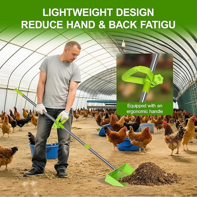 Poultry Waste Cleanup Tool, 2-in-1 Poop Scooper & Rake, 10-Inch Wide Sifting Shovel with Adjustable Stainless Steel Handle & Comfort Grip, for Chicken Coops, Barns, Pet Kennels & Sand (Green)