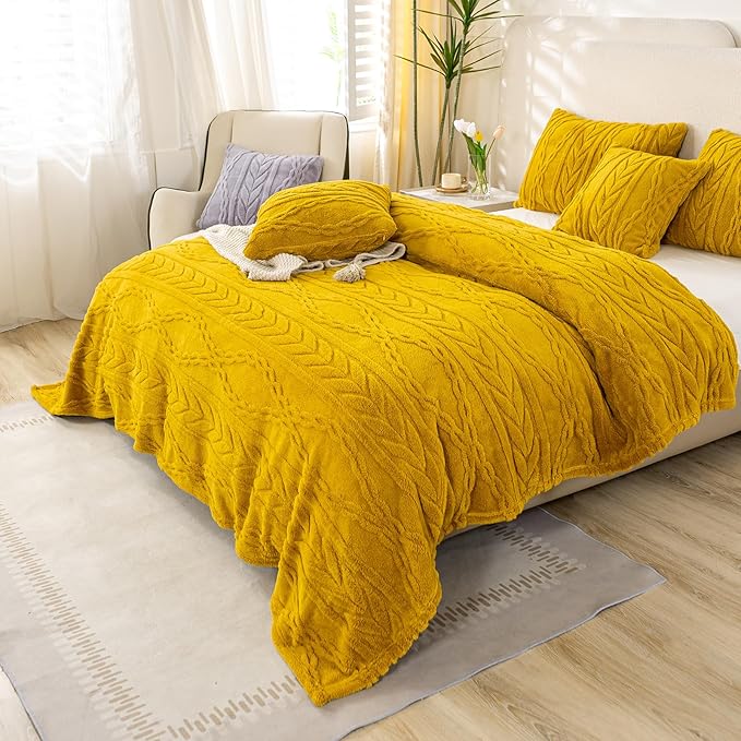 YUSOKI Sherpa Queen Size Blanket(Without Pillows)-3D Stylish Design Super Soft Blankets for Teen Girls Women Couch Bed Sofa Chair Men Boys Gift(Mustard Yellow,90"x90")