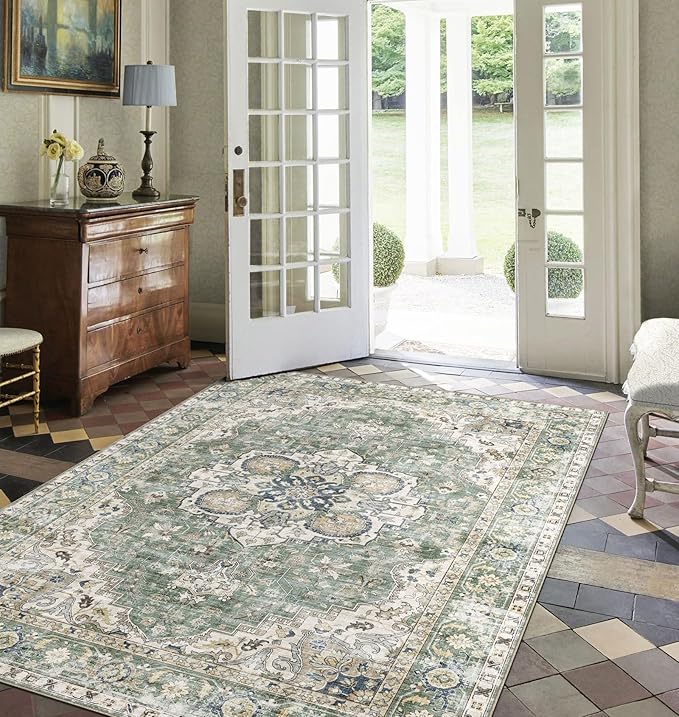 Washable Area Rug 4x6 - Boho Living Room Rug Non Slip Soft Bedroom Rug Ultra-Thin Sage Green Vintage Medallion Oriental Dining Room Rugs for Under Table Indoor Carpet for Living Room Kitchen