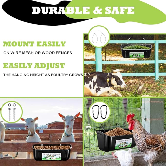 3 Pack Chicken Feeder, Duck Feeder Supplies, Hanging Fence Feed Trough with Clips for Goat, Sheeple, Piglet, Gooses, Turkeys, Dog Livestock Poultry, 8 Quarts in Total, Feed Scoop Included, Black