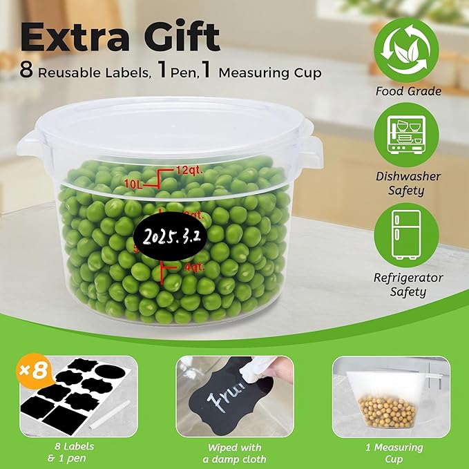 4 Pack Round Food Storage Containers with Lids, 12Qt Translucent Commercial Food Container, Polypropylene, BPA Free, Includes Labels & Measuring Cups