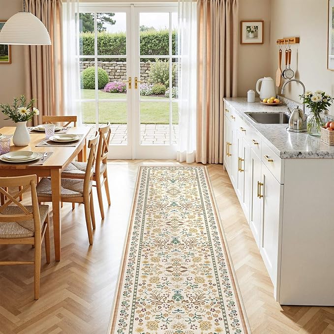 Runner Rug for Hallways Kitchen: 2x8 Washable Area Rug Boho Floral Soft Long Rug - Non-Slip Low Pile Throw Indoor Carpet for Entryway Kitchen Bedroom Laundry Bathroom - Brown