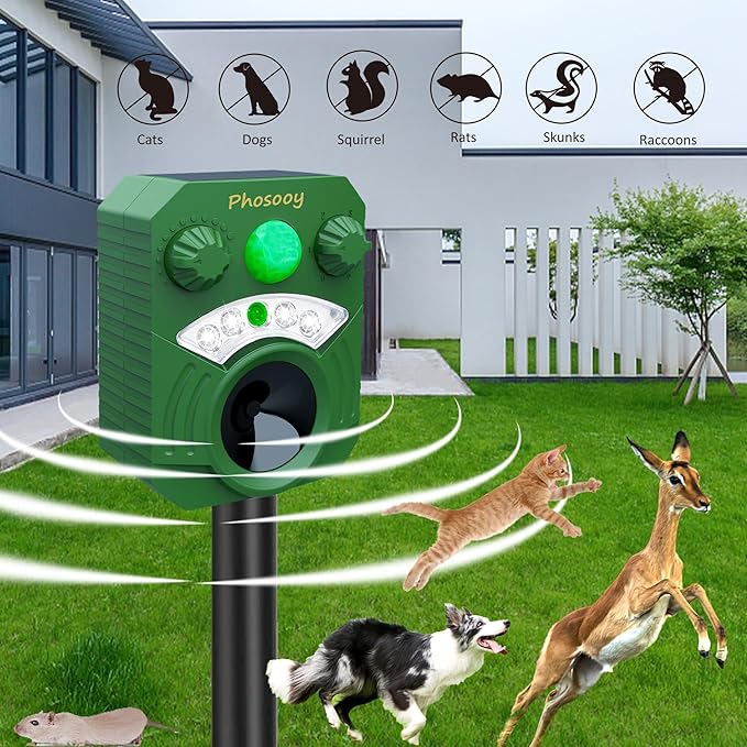 2 Packs Solar Ultrasonic Animal Repeller, Waterproof Mode-Adjustable Animal Deterrent Device with Flashing Strobe Lights to Repel Cats, Dogs, Squirrel, Rats, Skunks, Raccoons and Deer