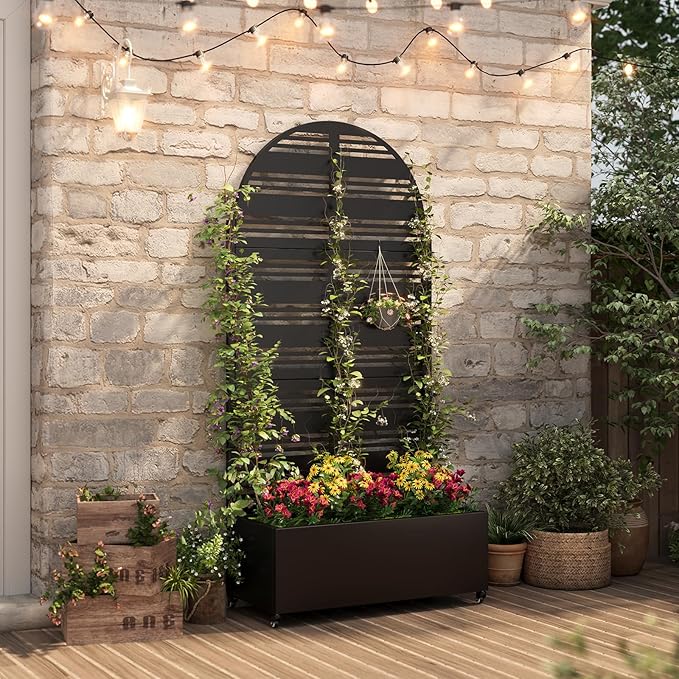 Metal Planter with Trellis& Wheels 72" x 35"x 15.7" Raised Garden Bed with Trellis,Privacy Planters for Patio,Garden Bed for Climbing Plants,Suitable for Climbing Plants and Vegetables,Black