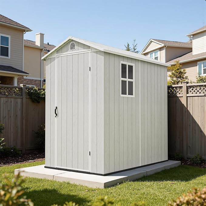 Devoko 4x6 FT Outdoor Storage Plastic Shed, Waterproof Resin Garden Shed with Lockable Door, Floor & Window, All-Weather Tool Shed for Backyard, Patio, Lawn, Poolside