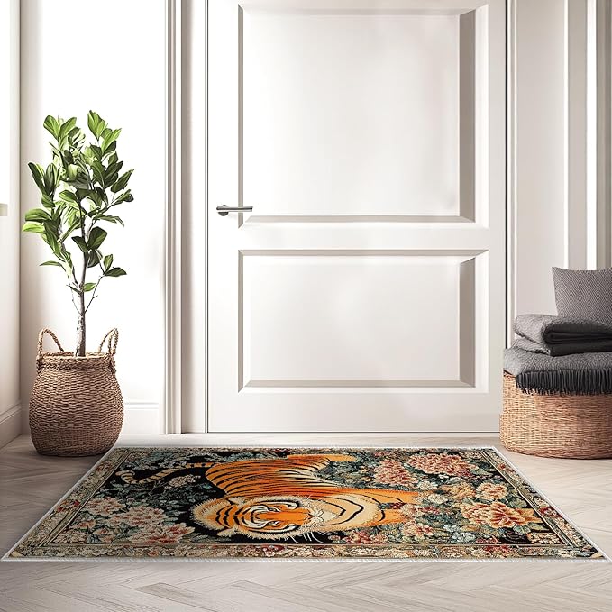 2x3 Tiger Rugs Boho Floral Flower Tiger Rug for Bathroom Kitchen Entryway Indoor Soft Non-Slip Thin Hippie Carpet Small Doormat for Office Dining Room Under Table Washable Machine