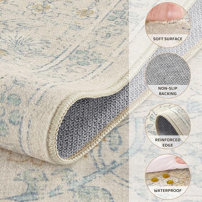 10x12 Area Rug Living Room Rugs - Washable Boho Vintage Floral Large Soft Non Slip Thin Rug Low Pile Carpet for Bedroom Dining Room Kids Playroom Office Decor Indoor- Light Blue