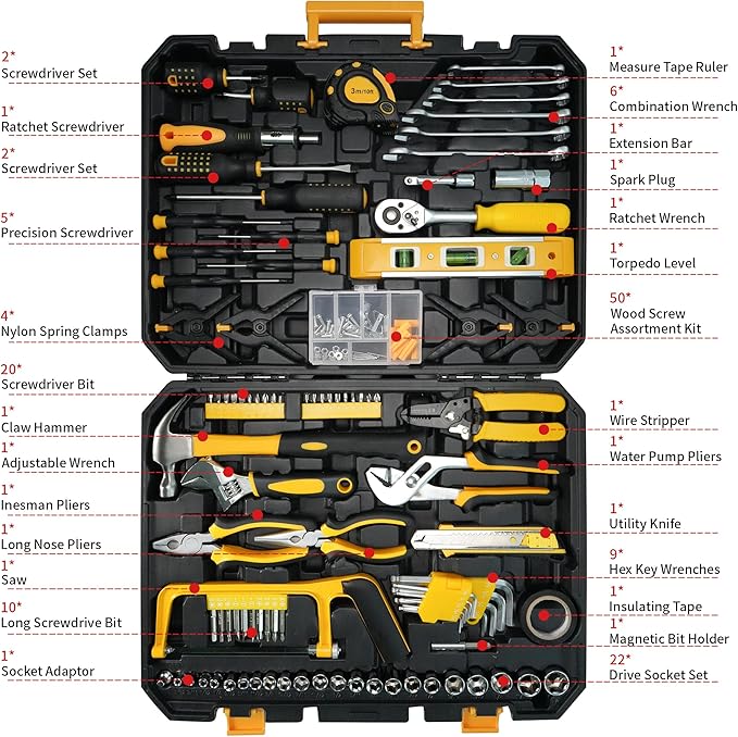 Tool Set with Screwdrivers, Ratchet Wrenches, Socket Wrenches, Hand Saw, Hammer – General 168-Piece Tool Kit for Home, Car, Dorm, Motorcycle, Plumbing Repairs