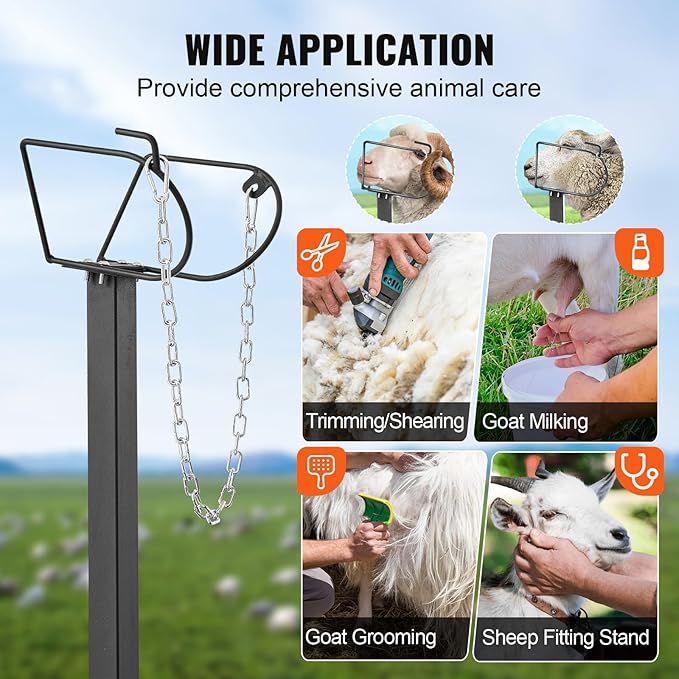 VEVOR Goat Milking Stand, 47x23 inch Livestock Stand, Metal Sheep Milking and Shearing Stand 21" to 33" Adjustable Height, with Headpiece and Nose Loop, 500lbs Loading Weight, Black