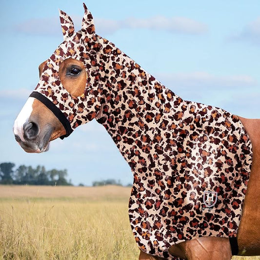 Harrison Howard Soft Horse Hood All-Covered Comfortable Sleezy for Horses with Zipper Classic Leopard L