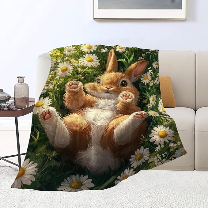 Cute Rabbit Blanket Bunny Hare Throw Blankets Daisy Gifts for Girls Boys Kids Rabbit Lover Soft Cozy Fleece Plush for Couch Sofa Bed 80"x60"