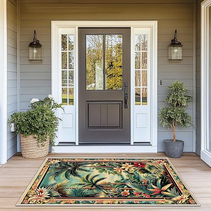 3x5 Tropical Rainforest Area Rugs Boho Forest Rug for Bathroom Kitchen Entryway Indoor Soft Non-Slip Thin Hippie Carpet Small Green Doormat for Office Dining Room Under Table Washable Machine