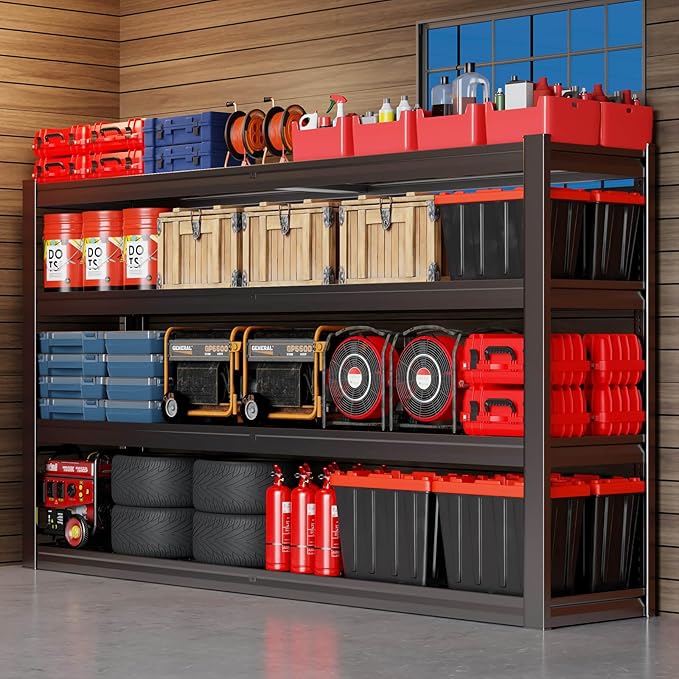 68" W Garage Shelving Unit, 68" W x 24" D x 68" H, Heavy Duty Garage Storage Shelves, 4 Tier Storage Rack Shelf, Industrial Adjustable Shelves for Basement Warehouse