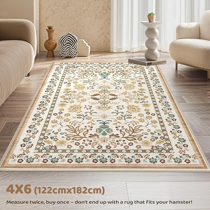 4x6 Area Rug Living Room Rugs - Washable Boho Vintage Floral Large Soft Non Slip Thin Rug Low Pile Carpet for Bedroom Dining Room Kids Playroom Office Decor Indoor- Brown