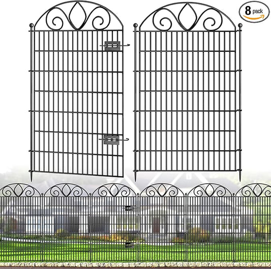 8 Panels No Dig Tall Garden Fence with Gate – 48" H X 21' L Rustproof Metal Dog Fence Outdoor for Yard, Decorative Animal Barrier Fence for Pet, Garden Border, Patio, Flower | Temporary Fencing