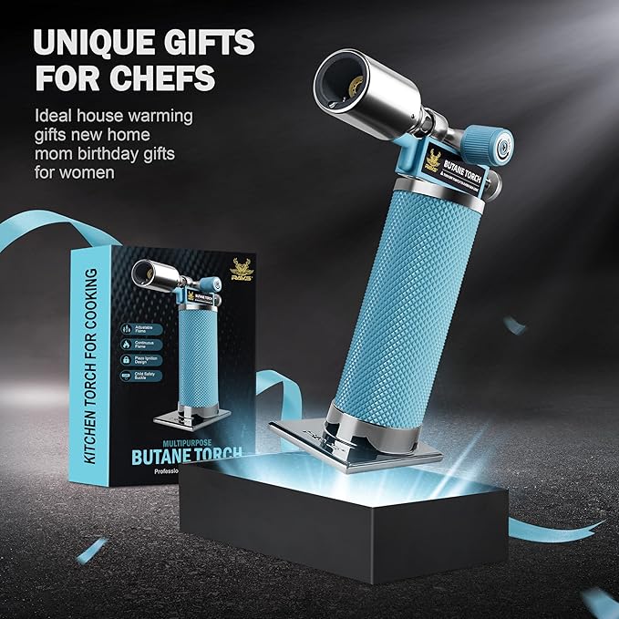 RAVS Butane Torch Lighter, Refillable Kitchen Torch with Adjustable Flame and Safety Buckle, Mini Torch for Baking, Soldering, Resin Art, Blue, Christmas Gifts for Men, Butane Not Included