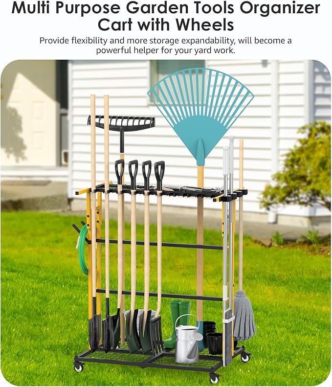 CCCEI Garage Organization with Wheels, Outdoor Gargen Yard Shed Tools Organizer Cart, Home Storage for Cleaning Supplies Organizer, Broom Holder, for Shovel and Rake, Long Farming and Farming Tools.