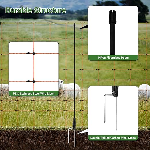Electric Netting 35.4"H x 164'L, Electric Netting with Posts and Double-Spiked Stakes, Portable Electric Fence Netting for Backyards, Homesteads, Gardens, Farms, and Ranches