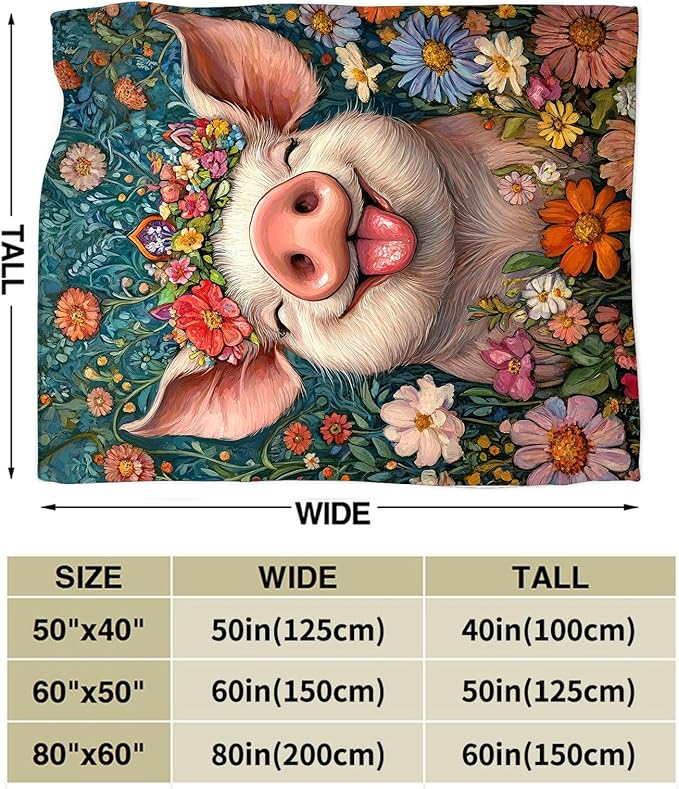 Pig Blanket Gifts for Girls Boys Soft Warm Plush Cute Pig Flower Throw Blanket Flannel Fleece Fuzzy Animal Blankets for Women Man Kids Lover Bed Couch Living Room Decor 60"X50"