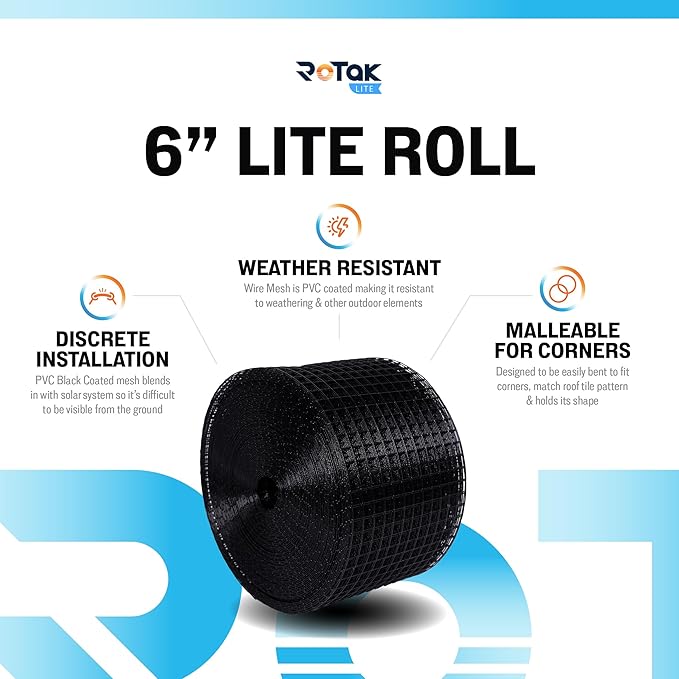 ROTAK Critter Guard - 6in x 100ft Solar Panel Bird Prevention Roll Kit Without Fastener Clips - Galvanized Black PVC Coated ½ inch Wire Roll Mesh (6" x 100')