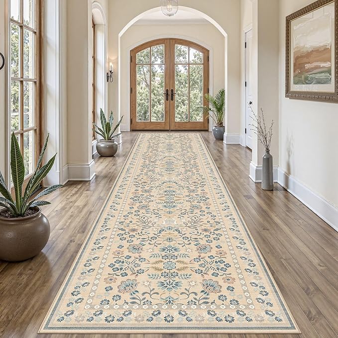 3x12 Runner Rug for Hallways Kitchen: 3x12 Washable Area Rug Boho Floral Soft Long Rug - Non-Slip Low Pile Throw Indoor Carpet for Entryway Kitchen Bedroom Laundry Bathroom- Multi Color