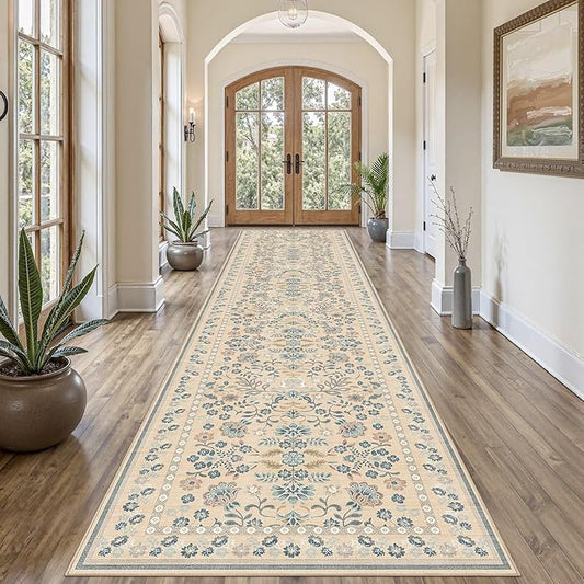 3x12 Runner Rug for Hallways Kitchen: 3x12 Washable Area Rug Boho Floral Soft Long Rug - Non-Slip Low Pile Throw Indoor Carpet for Entryway Kitchen Bedroom Laundry Bathroom- Multi Color