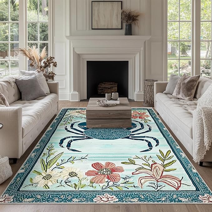 6x9 Crab Area Rugs Boho Teal Rug for Living Room Indoor Soft Non-Slip Thin Large Carpet Floral Flower Rugs for Bedroom Home Decor Under Table Washable Machine
